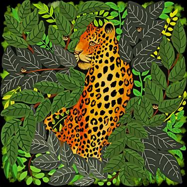 Jaguar in Green Rainforest Jungle Naif Art Style thumb