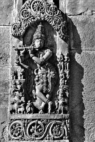 Lord Krishna playing flute stone sculpture, Chennakeshava Temple, Belur, Karnataka, India, 1985 thumb