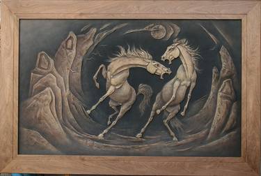 Contendors Hand carved Leather ArtWork Horses thumb