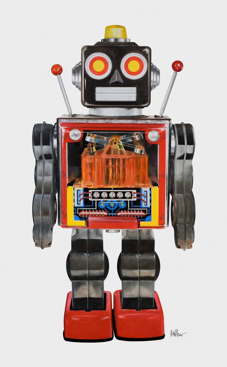 Vintage Metal House Piston Robot - No.8 Original Drawing by mike pitzer