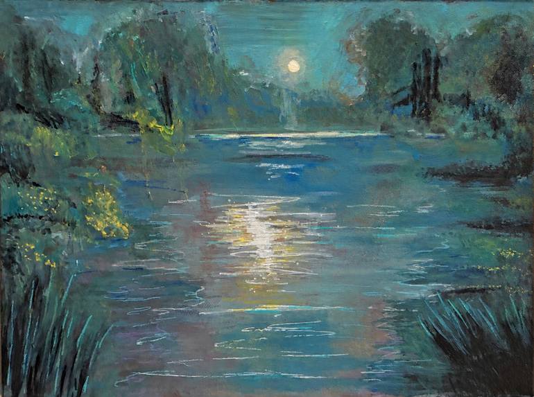 Original Landscape Painting by Nektaria Giannoulakou | Abstract Art on Canvas | The Moon Whispers to the Lake