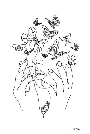 Line art woman with butterfly 2 thumb