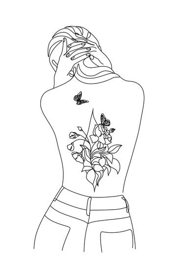 Woman with flowers on back line art print thumb