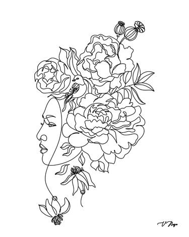 Flower Woman Line Art Print. Female print. thumb