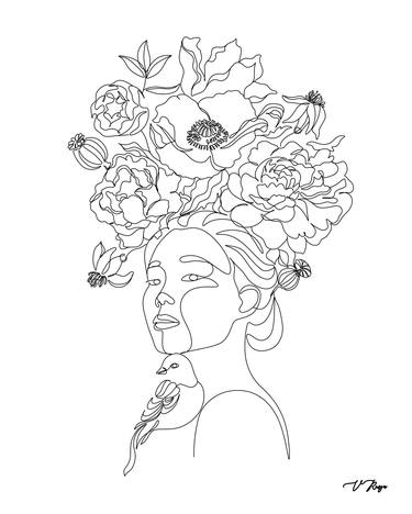 Flower Woman Line Art Print. Female print. Female portrait. Woman Art Print thumb