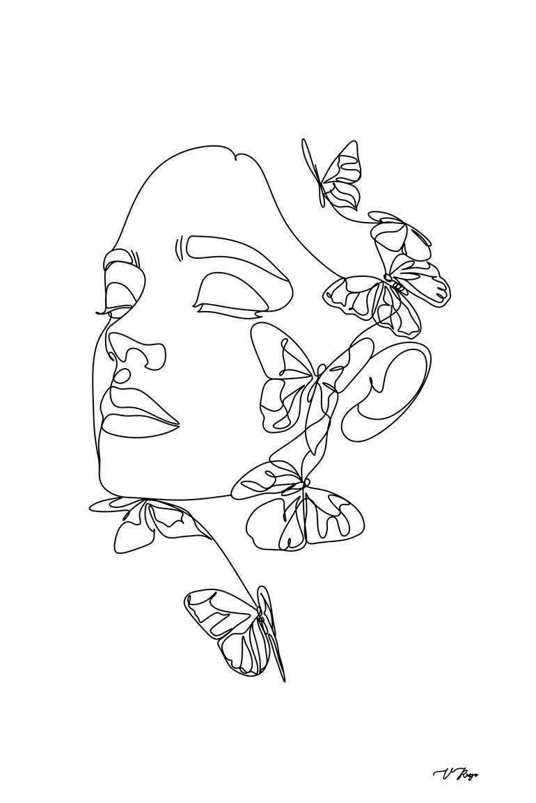 Abstract face with butterfly by one line drawing. Portrait