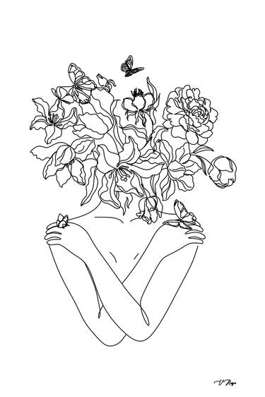 Flower Head Art Print | Minimal Line Art | Floral Illustration | Single Line Sketch | Female Body Poster | Naked Woman Wall Art | Peony Art thumb