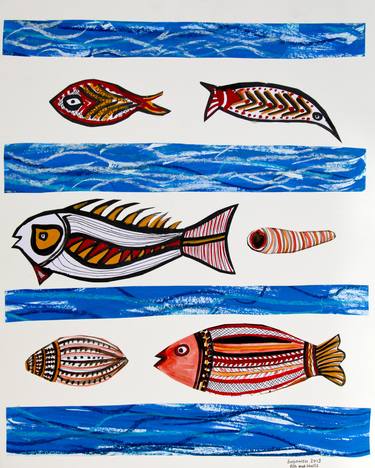 Print of Folk Fish Collage by Bronwen Griffiths