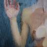 This painting tries to get the effect of light and steam on the surface of the shower glass. It's painted in real life size, with thin layers of oil. The model seems to walk forward, to the other side of the glass, that coincides with the surface of the painting.