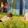 A mother and her family relax in the sand dunes outside their beach hut at West Wittering in Sussex on a sunny summers day. Two children are making their way towards the sea. 

It is oils on board and housed in a bespoke gesso, gilt and painted wood frame.