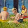 A mother and her family relax in the sand dunes outside their beach hut at West Wittering in Sussex on a sunny summers day. Two children are making their way towards the sea. 

It is oils on board and housed in a bespoke gesso, gilt and painted wood frame.