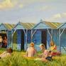A mother and her family relax in the sand dunes outside their beach hut at West Wittering in Sussex on a sunny summers day. Two children are making their way towards the sea. 

It is oils on board and housed in a bespoke gesso, gilt and painted wood frame.