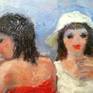 Oil painting on canvas, impressionist style. Two women enjoy a view of the sea and chat pleasantly