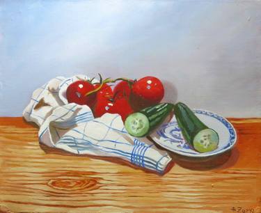 Cucumber Tomatoes and Tea Towel, Still life by Anne Zamo thumb