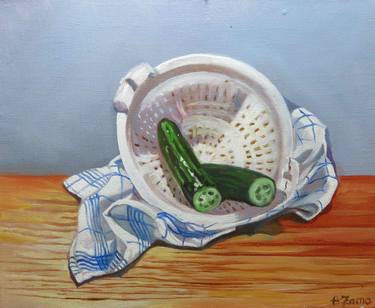 Cucumber and Colander, Original Still Life by Anne Zamo thumb