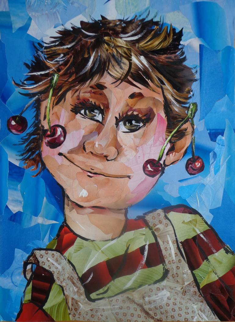A BOY WITH CHERRIES Collage by nino mirianashvili | Saatchi Art