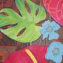Detail of the painting showing Monstera, Anthurium and blue poppy