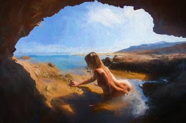 Young naked woman outside of a cave thumb