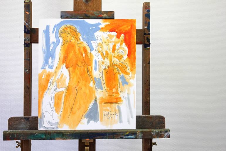 Original Modernism Cats Drawing by Michel Suret-Canale