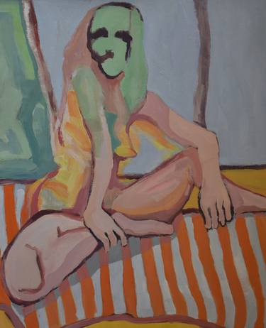 Nude Lady on Orange Striped Throw thumb