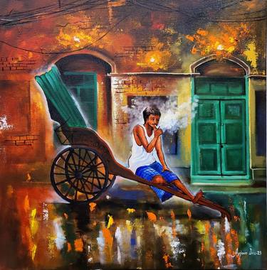 Original Figurative Bicycle Paintings by Arjun Das