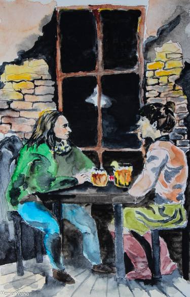 Friday Night: Two Friends in a Prague Pub Original Watercolor Paintig thumb