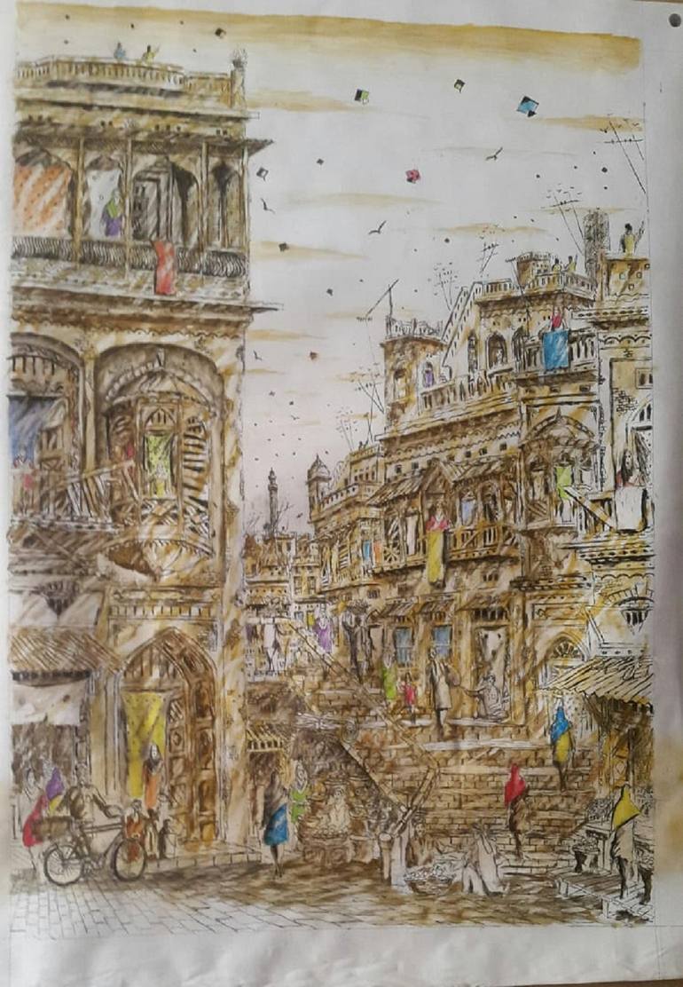 Original Architecture Painting by Sajjad Ahmad | Art Deco Art on Canvas | Old City Lahore with its Old and Classic Structure