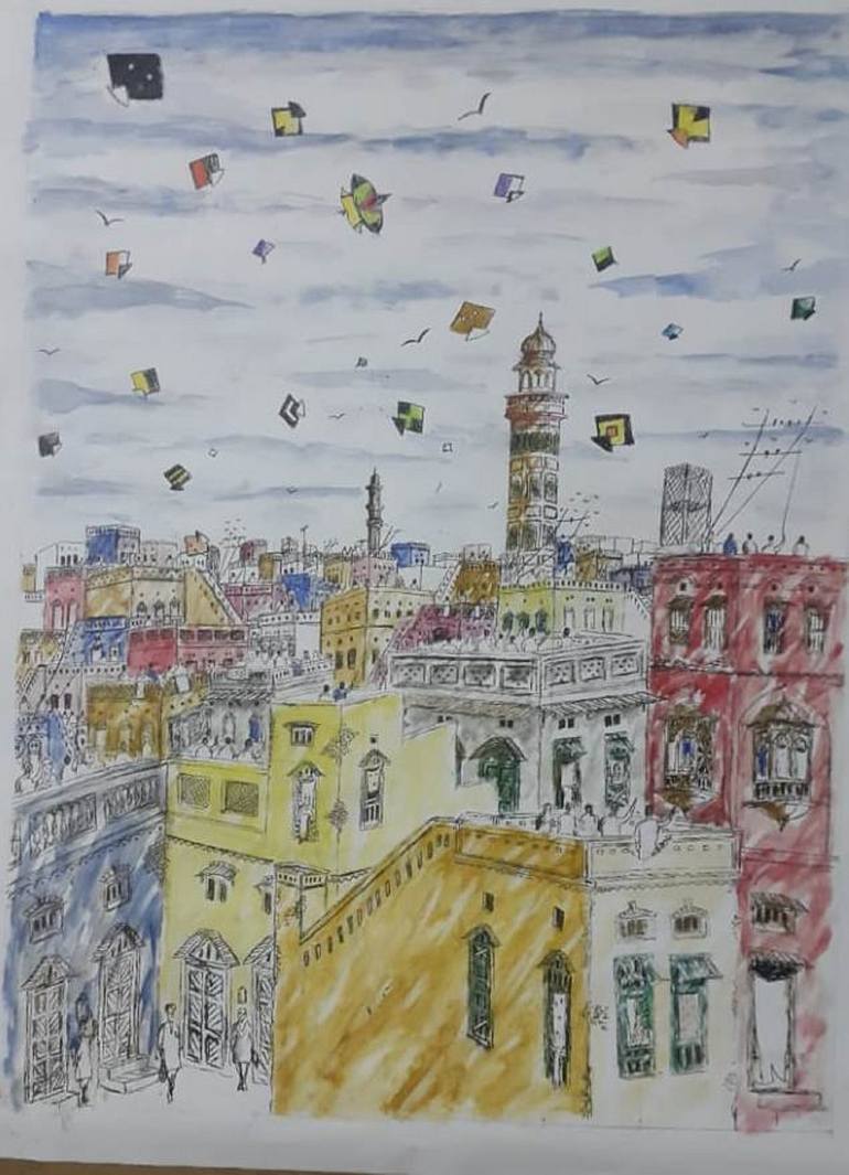 Original Architecture Painting by Sajjad Ahmad | Art Deco Art on Canvas | Old City Lahore with its Old and Classic Structure