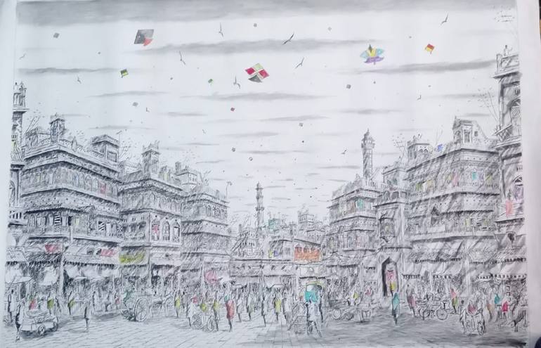 Original Architecture Painting by Sajjad Ahmad | Art Deco Art on Canvas | Old City Lahore with its Old and Vibrant Structure