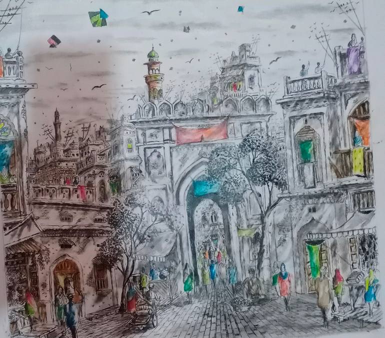 Original Art Deco Architecture Painting by Sajjad Ahmad