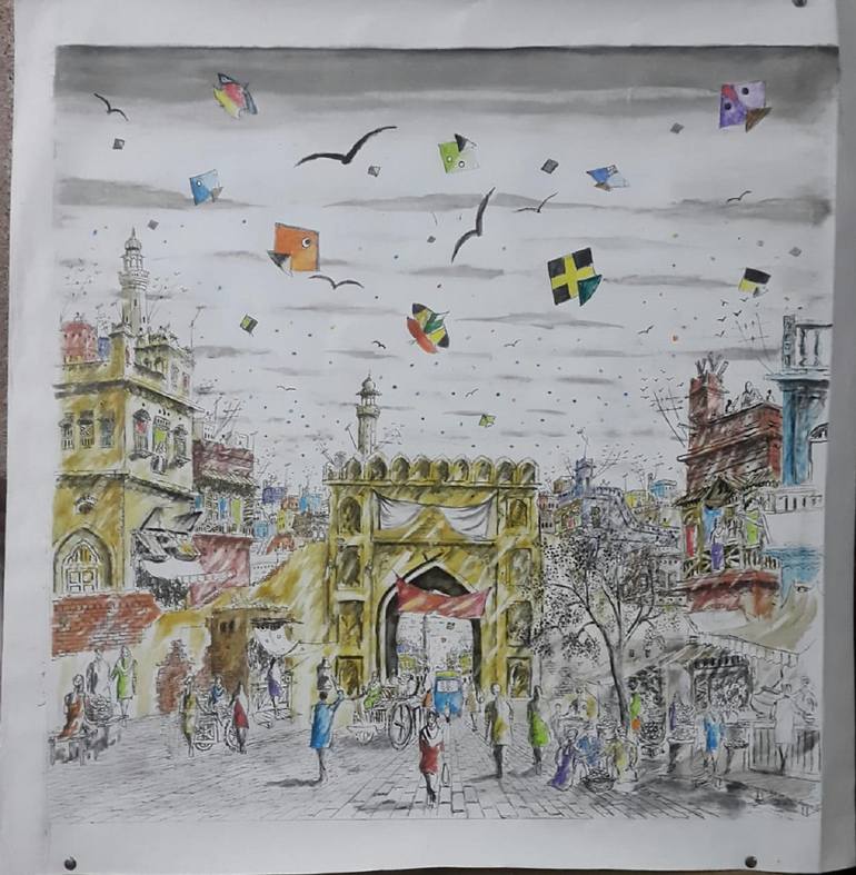 Original Architecture Painting by Sajjad Ahmad | Art Deco Art on Canvas | Old City Lahore with its Old and Vibrant Structure