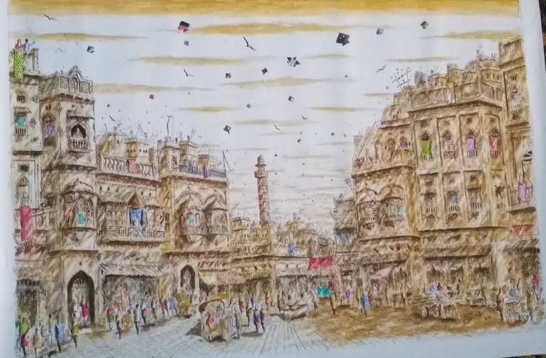 Original Architecture Painting by Sajjad Ahmad | Art Deco Art on Canvas | Old City Lahore with its Old and Vibrant Structure