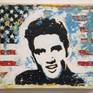 Wall sculpture
Portrait of Elvis infront of the american flag;
mixed media with enamel and gesso
on canvas fixed on a wooden box-frame.
Ready do hang.