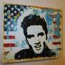 Wall sculpture
Portrait of Elvis infront of the american flag;
mixed media with enamel and gesso
on canvas fixed on a wooden box-frame.
Ready do hang.