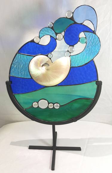 Wave Dancer Stained Glass Panel with Black Wrought Iron Stand thumb