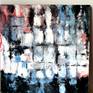 Encaustic and Alcohol inks on wood , abstract painting, blue, red, white, black