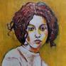 Painting : Encaustic on wood, portrait, modern , figurative contemporain, yellow