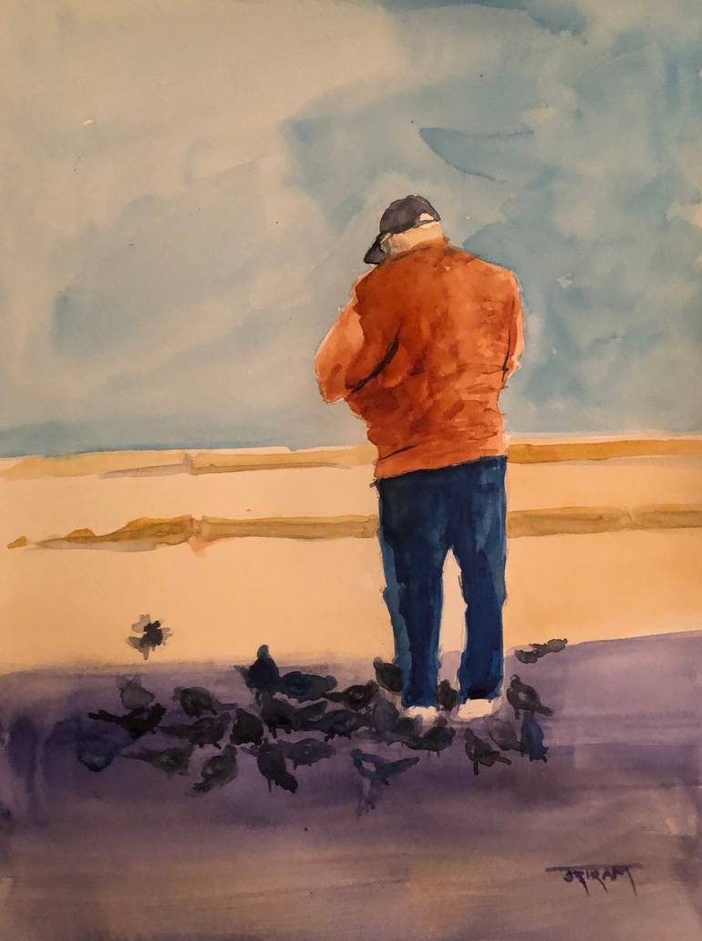 Original Animal Painting by Sriram Kuppuswamy | Figurative Art on Paper | Old man and the pigeons