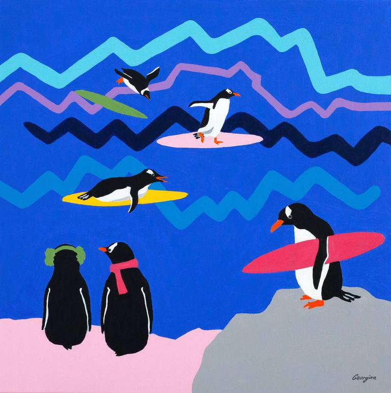 Surfer penguins Painting by Georgina Gray | Saatchi Art