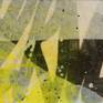 Contemporary abstract painting; yellow urban industrial art with original photo collage and a graffiti / street edge for loft, modern space or eclectic interior design. Images are printed with pigmented inks on fine art paper and protected with UV blocking spray. Silver ink drops are pearlescent. Light blue, black and natural canvas accents. Finished with a mix of matte and satin varnish for minimal reflection and some UV protection. Sides painted black (frame not necessary). Signed on back and side.