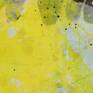 Contemporary abstract painting; yellow urban industrial art with original photo collage and a graffiti / street edge for loft, modern space or eclectic interior design. Images are printed with pigmented inks on fine art paper and protected with UV blocking spray. Silver ink drops are pearlescent. Light blue, black and natural canvas accents. Finished with a mix of matte and satin varnish for minimal reflection and some UV protection. Sides painted black (frame not necessary). Signed on back and side.