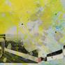 Contemporary abstract painting; yellow urban industrial art with original photo collage and a graffiti / street edge for loft, modern space or eclectic interior design. Images are printed with pigmented inks on fine art paper and protected with UV blocking spray. Silver ink drops are pearlescent. Light blue, black and natural canvas accents. Finished with a mix of matte and satin varnish for minimal reflection and some UV protection. Sides painted black (frame not necessary). Signed on back and side.
