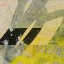 Contemporary abstract painting; yellow urban industrial art with original photo collage and a graffiti / street edge for loft, modern space or eclectic interior design. Images are printed with pigmented inks on fine art paper and protected with UV blocking spray. Silver ink drops are pearlescent. Light blue, black and natural canvas accents. Finished with a mix of matte and satin varnish for minimal reflection and some UV protection. Sides painted black (frame not necessary). Signed on back and side.