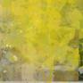 Contemporary abstract painting; yellow urban industrial art with original photo collage and a graffiti / street edge for loft, modern space or eclectic interior design. Images are printed with pigmented inks on fine art paper and protected with UV blocking spray. Silver ink drops are pearlescent. Light blue, black and natural canvas accents. Finished with a mix of matte and satin varnish for minimal reflection and some UV protection. Sides painted black (frame not necessary). Signed on back and side.
