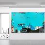 Extra large colorful teal contemporary abstract painting, oversized art with a street graffiti feel for urban industrial loft or modern interior design. Light protective spray to resist fading and contaminants without changing the look of the various media. Sides painted black, signed on back and side.