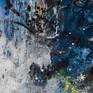 Extra large blue and white abstract expressionist painting, colorful accents; oversized art with a street graffiti edge for urban industrial loft or modern interior design. Unvarnished, sides painted black. Signed on back and side.