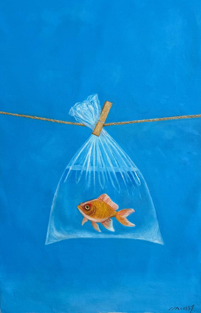 Original Animal Painting by Marcos Silvio Inacio | Surrealism Art on Canvas | Who Put That Fish There?
