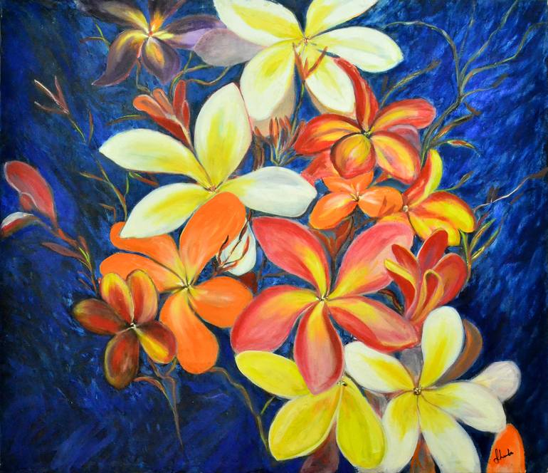 Midnight Frangipani Painting by Sheeba Manghat | Saatchi Art