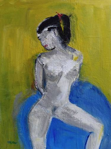 SUBTLE NUDE FEMALE, RED RIBBON, on BLUE. thumb