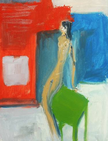 GIRL NUDE LEAN GREEN. Original Oil Figurative Painting. Varnished. thumb
